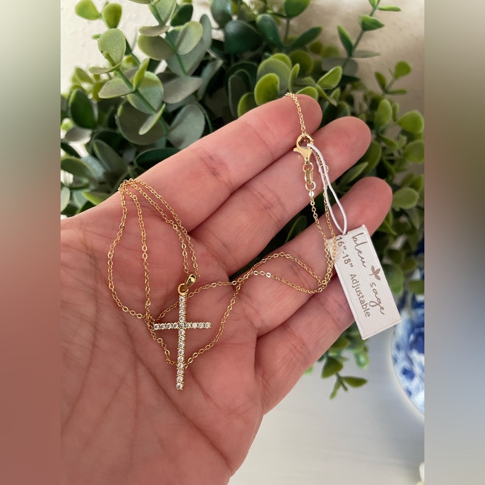 Brand New Bleu & Sage CZ Sterling Silver 14K Gold Plated Cross Necklace 16”-18”